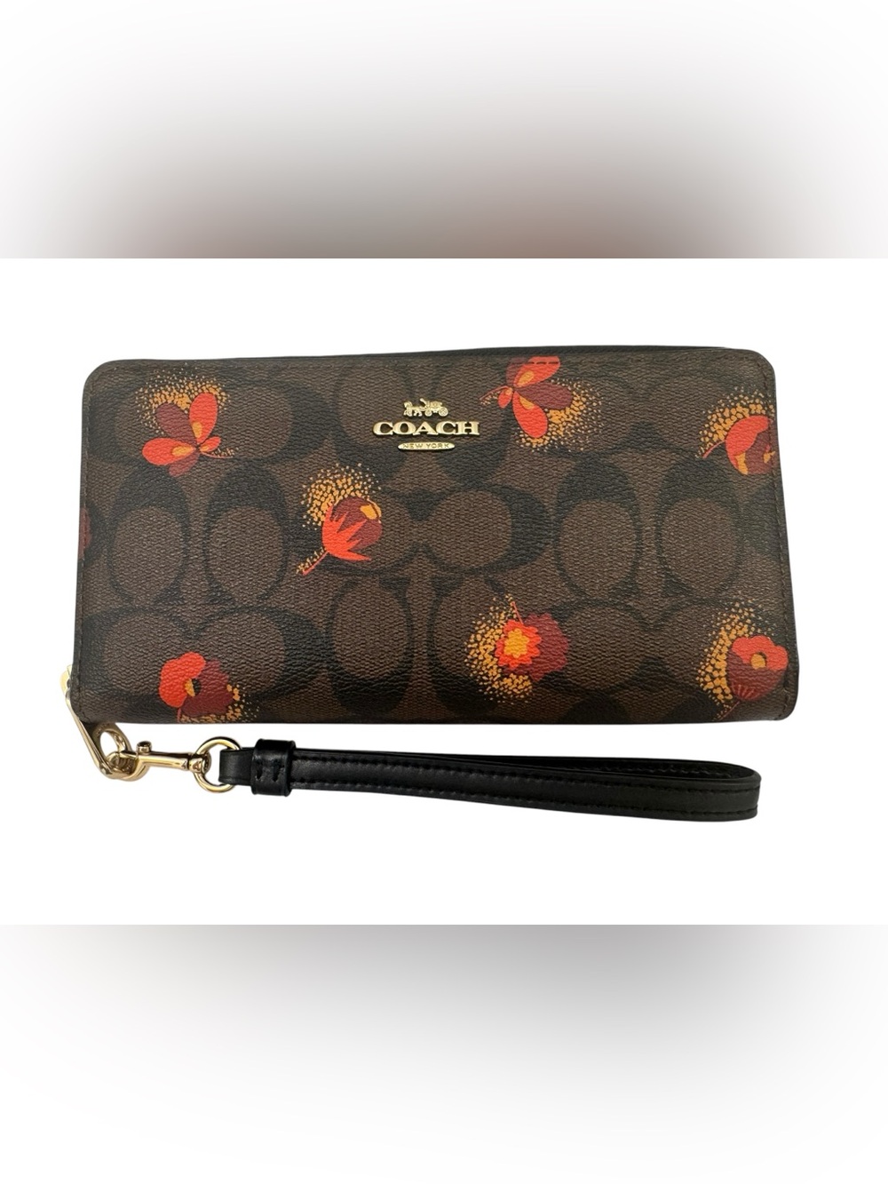 Coach Signature Canvas Long Zip Around Wallet / Wristlet Poppy Floral Print EUC